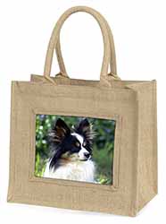 Papillon Dog Natural/Beige Jute Large Shopping Bag