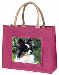 Papillon Dog Large Pink Jute Shopping Bag