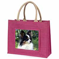 Papillon Dog Large Pink Jute Shopping Bag
