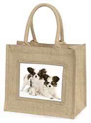 Papillon Dogs Natural/Beige Jute Large Shopping Bag