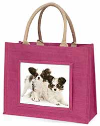 Papillon Dogs Large Pink Jute Shopping Bag