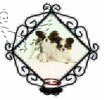 Papillon Dogs Wrought Iron Wall Art Candle Holder