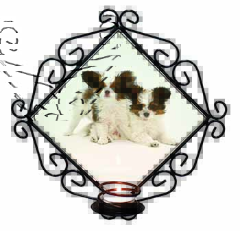 Papillon Dogs Wrought Iron Wall Art Candle Holder