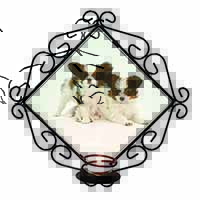 Papillon Dogs Wrought Iron Wall Art Candle Holder