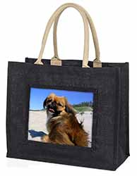 Pekingese Dog Large Black Jute Shopping Bag