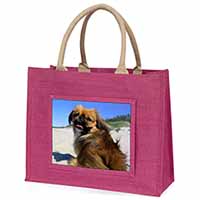 Pekingese Dog Large Pink Jute Shopping Bag