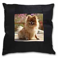 Pomeranian Dog on Decking Black Satin Feel Scatter Cushion