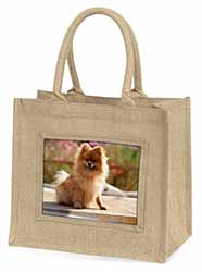 Pomeranian Dog on Decking Natural/Beige Jute Large Shopping Bag