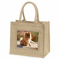 Pomeranian Dog on Decking Natural/Beige Jute Large Shopping Bag