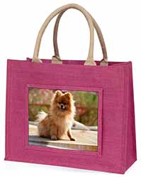Pomeranian Dog on Decking Large Pink Jute Shopping Bag