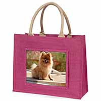 Pomeranian Dog on Decking Large Pink Jute Shopping Bag