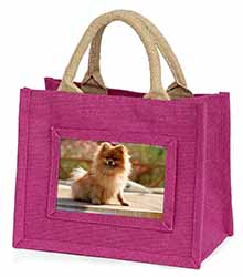 Pomeranian Dog on Decking Little Girls Small Pink Jute Shopping Bag