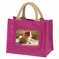 Pomeranian Dog on Decking Little Girls Small Pink Jute Shopping Bag
