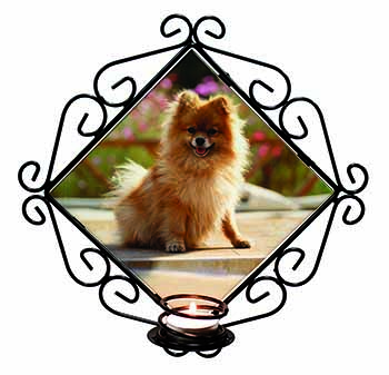 Pomeranian Dog on Decking Wrought Iron Wall Art Candle Holder