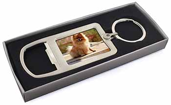 Pomeranian Dog on Decking Chrome Metal Bottle Opener Keyring in Box