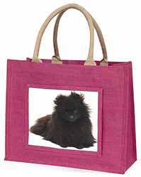 Black Pomeranian Dog Large Pink Jute Shopping Bag