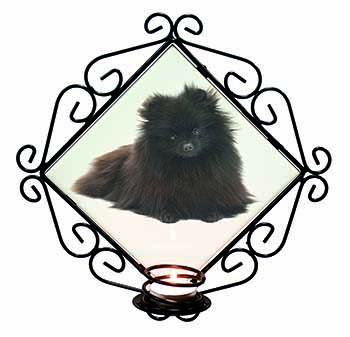 Black Pomeranian Dog Wrought Iron Wall Art Candle Holder