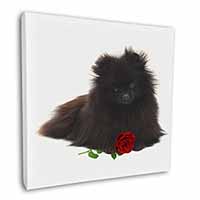 Pomeranian Dog with Red Rose Square Canvas 12"x12" Wall Art Picture Print