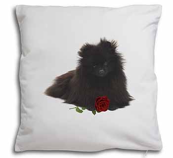Pomeranian Dog with Red Rose Soft White Velvet Feel Scatter Cushion