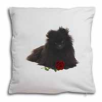 Pomeranian Dog with Red Rose Soft White Velvet Feel Scatter Cushion