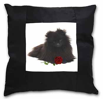 Pomeranian Dog with Red Rose Black Satin Feel Scatter Cushion