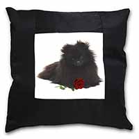 Pomeranian Dog with Red Rose Black Satin Feel Scatter Cushion