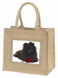 Pomeranian Dog with Red Rose Natural/Beige Jute Large Shopping Bag