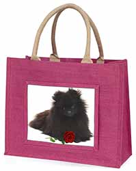 Pomeranian Dog with Red Rose Large Pink Jute Shopping Bag
