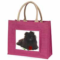Pomeranian Dog with Red Rose Large Pink Jute Shopping Bag