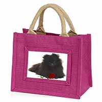 Pomeranian Dog with Red Rose Little Girls Small Pink Jute Shopping Bag