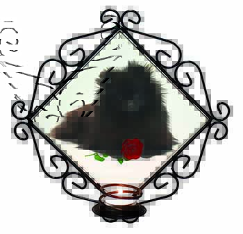 Pomeranian Dog with Red Rose Wrought Iron Wall Art Candle Holder