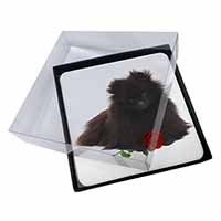 4x Pomeranian Dog with Red Rose Picture Table Coasters Set in Gift Box
