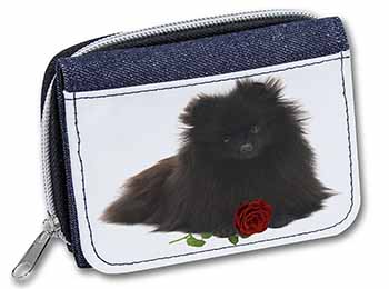 Pomeranian Dog with Red Rose Unisex Denim Purse Wallet