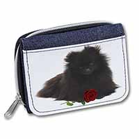 Pomeranian Dog with Red Rose Unisex Denim Purse Wallet