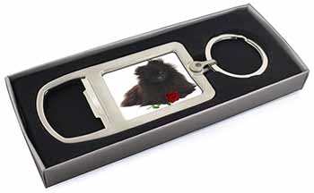 Pomeranian Dog with Red Rose Chrome Metal Bottle Opener Keyring in Box
