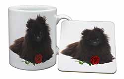 Pomeranian Dog with Red Rose Mug and Coaster Set