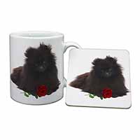 Pomeranian Dog with Red Rose Mug and Coaster Set