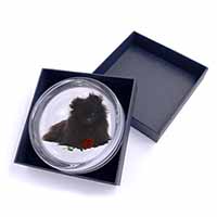 Pomeranian Dog with Red Rose Glass Paperweight in Gift Box