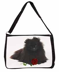 Pomeranian Dog with Red Rose Large Black Laptop Shoulder Bag School/College