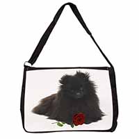 Pomeranian Dog with Red Rose Large Black Laptop Shoulder Bag School/College