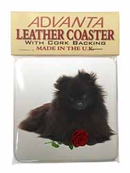 Pomeranian Dog with Red Rose Single Leather Photo Coaster