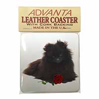 Pomeranian Dog with Red Rose Single Leather Photo Coaster