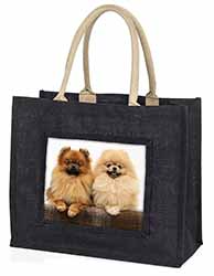 Pomeranian Dogs Large Black Jute Shopping Bag
