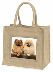 Pomeranian Dogs Natural/Beige Jute Large Shopping Bag