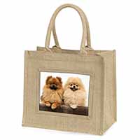 Pomeranian Dogs Natural/Beige Jute Large Shopping Bag