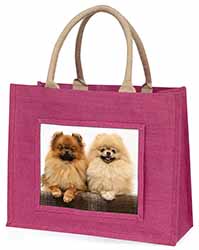 Pomeranian Dogs Large Pink Jute Shopping Bag