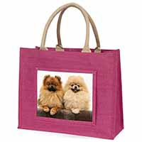 Pomeranian Dogs Large Pink Jute Shopping Bag