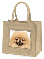 Cream Pomeranian Dog Natural/Beige Jute Large Shopping Bag