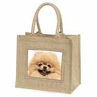 Cream Pomeranian Dog Natural/Beige Jute Large Shopping Bag