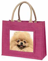 Cream Pomeranian Dog Large Pink Jute Shopping Bag